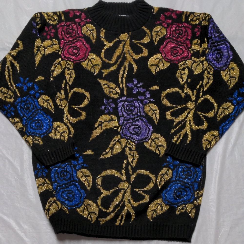 Vintage 90s Floral Print Black Metallic Thread Crewneck Sweater Size M/L